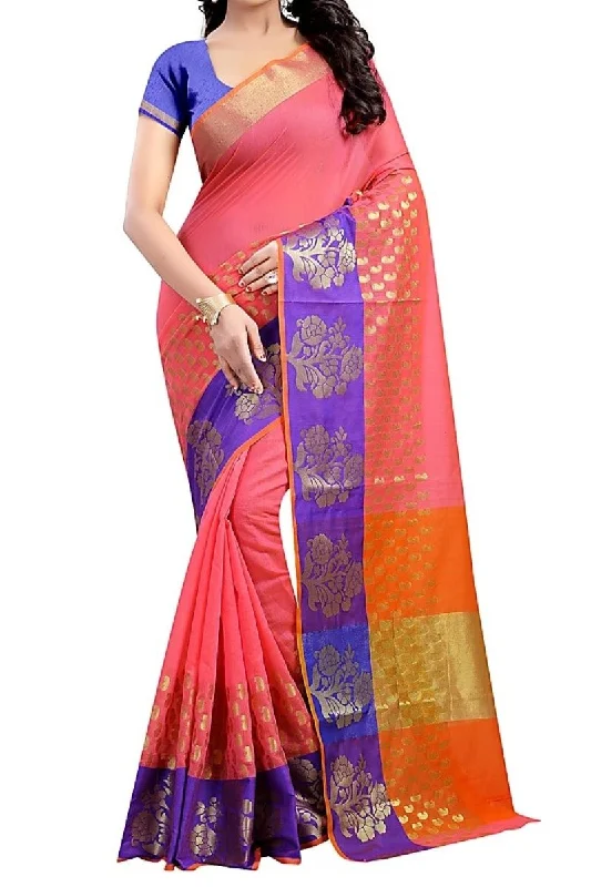 Pink Color Poly Cotton Woven Work Saree With Unstitched Blouse Piece Stylish Wrap Blouse Pink Color Poly Cotton Woven Work Saree With Unstitched Blouse Piece Stylish Wrap Blouse