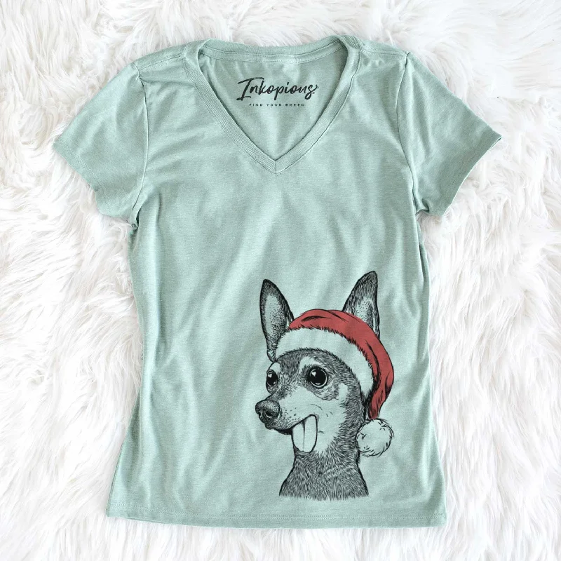 Santa Aaron the Chihuahua - Women's V-neck Shirt-- Print Jacquard Patchwork