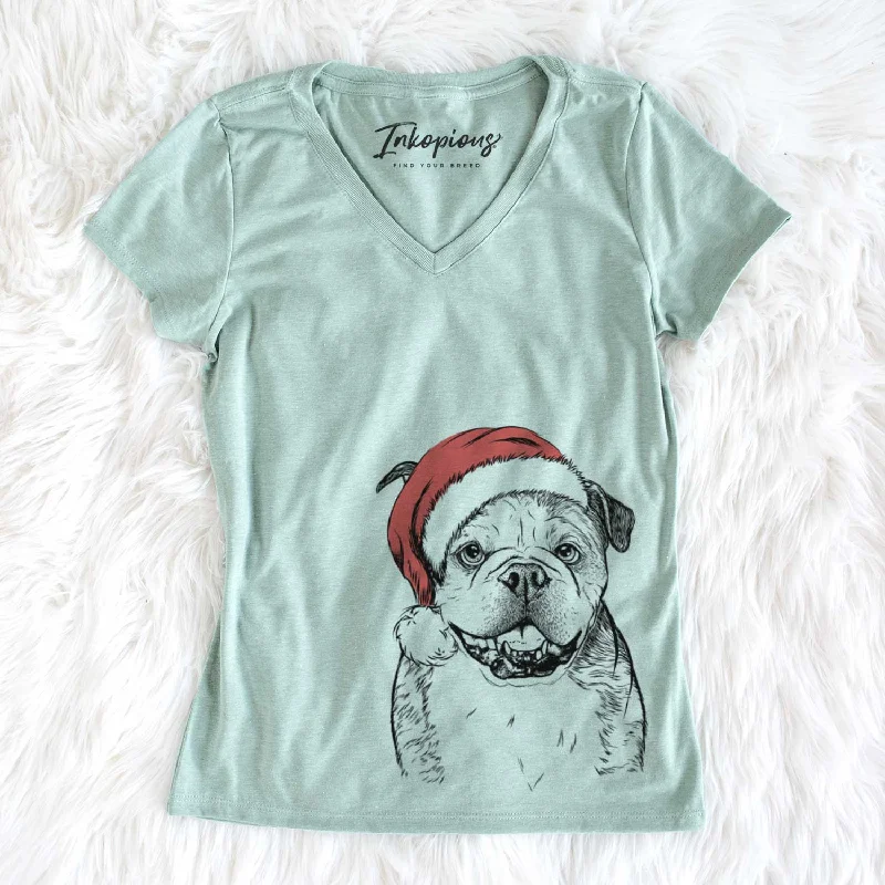 Santa Agatha the Boston Bulldog - Women's V-neck Shirt-- Satin Blend Silk Blend Wool Blend Santa Agatha the Boston Bulldog - Women's V-neck Shirt-- Satin Blend Silk Blend Wool Blend