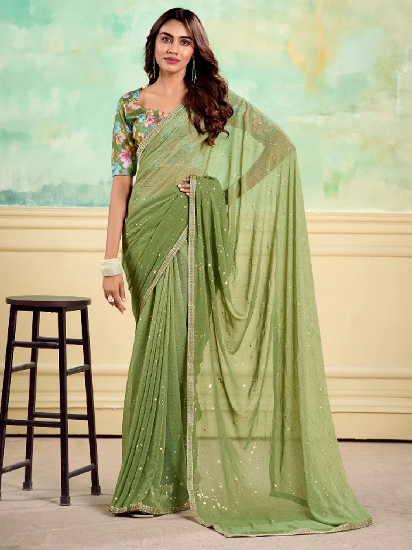 Women's Georgette Light Green Embellished Designer Saree With Blouse Piece Puff Sleeve Blouse Women's Georgette Light Green Embellished Designer Saree With Blouse Piece Puff Sleeve Blouse