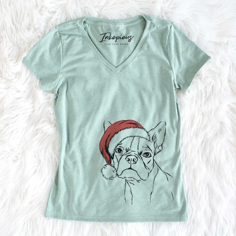 Santa Charles the Boston Terrier - Women's V-neck Shirt-- Anti-Pilling Machine Wash Handmade Santa Charles the Boston Terrier - Women's V-neck Shirt-- Anti-Pilling Machine Wash Handmade