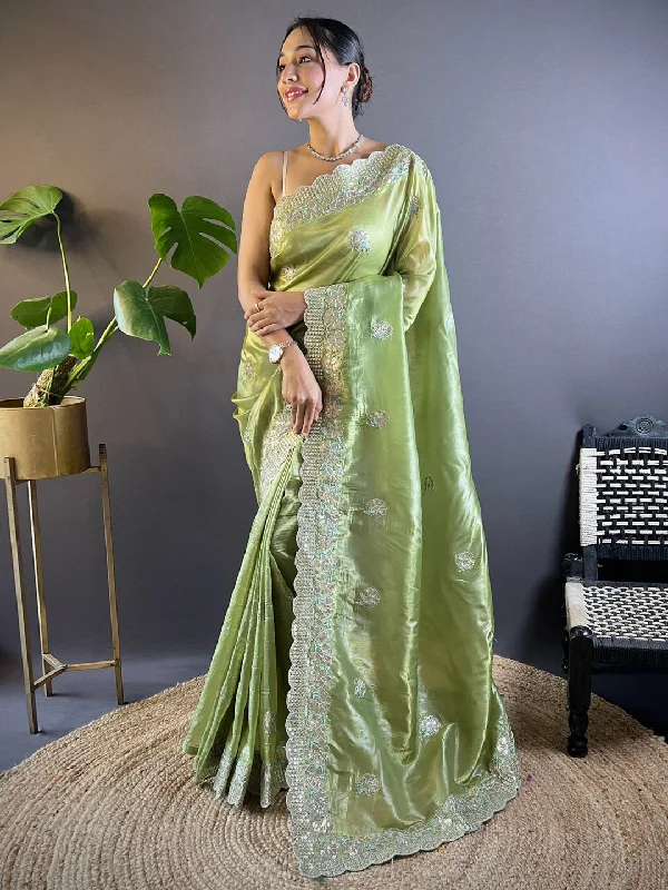 Women's Paper Silk Light Green Embellished Designer Saree With Blouse Piece Casual Stripe Blouse Women's Paper Silk Light Green Embellished Designer Saree With Blouse Piece Casual Stripe Blouse