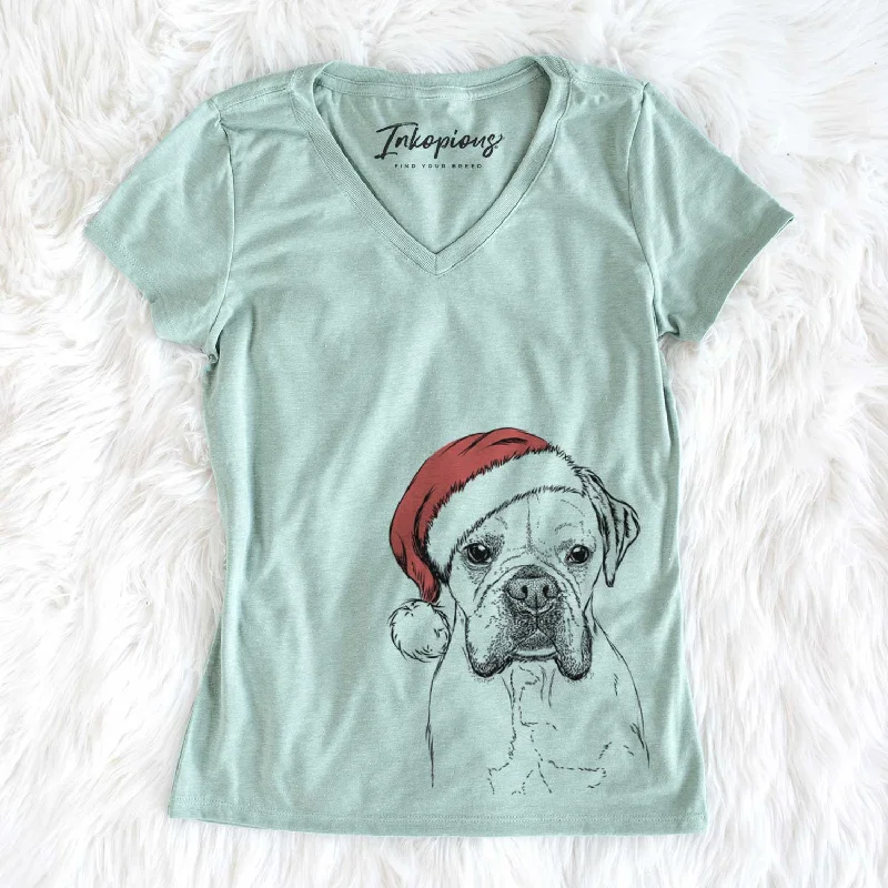 Santa Champion Bentley the Boxer - Women's V-neck Shirt-- Asymmetrical Pockets Print Santa Champion Bentley the Boxer - Women's V-neck Shirt-- Asymmetrical Pockets Print