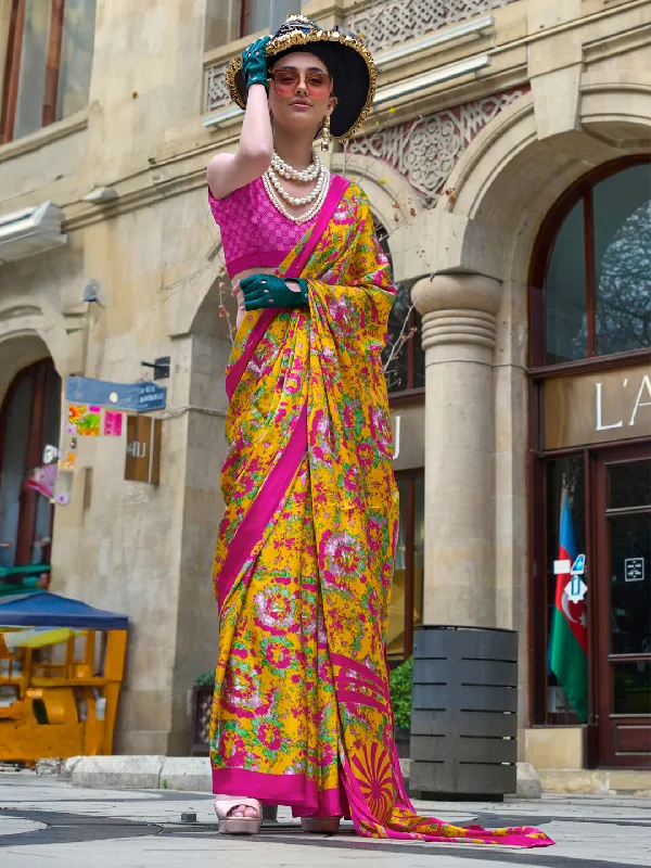 Women's Crepe Pink Printed Designer Saree With Blouse Piece Oversized Silk Blouse