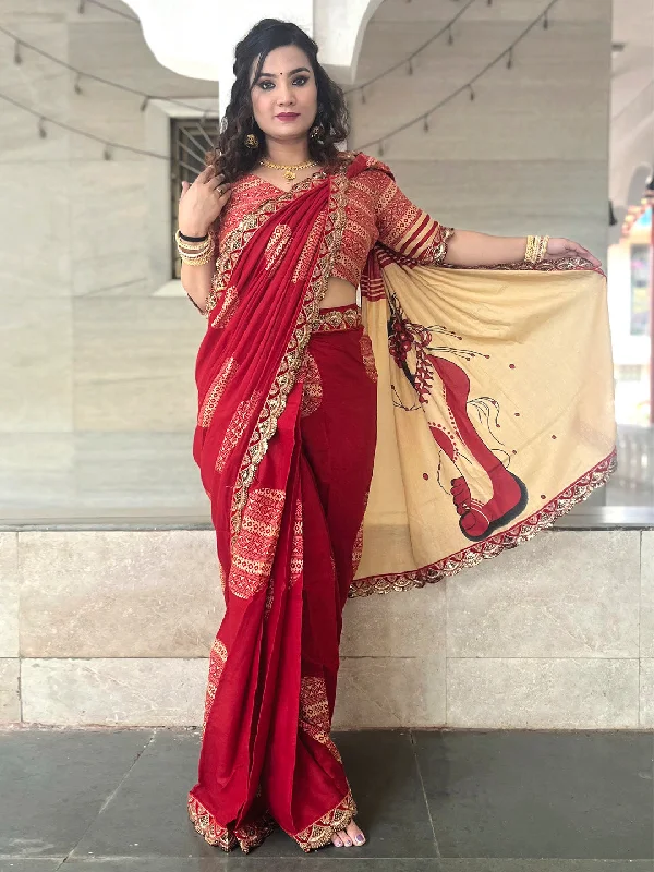Women's Cotton Red Embellished Designer Saree With Blouse Piece Ruched Sleeve Blouse Women's Cotton Red Embellished Designer Saree With Blouse Piece Ruched Sleeve Blouse