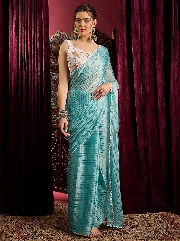 Women's Chiffon Blue Solid Celebrity Saree With Blouse Piece Ruched Sleeve Blouse