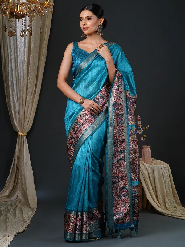 Women's Mysore Silk Blue Printed Designer Saree With Blouse Piece Soft Satin Blouse