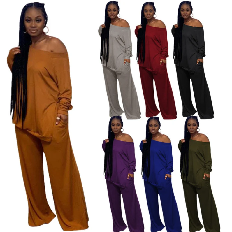 CMM-756 Plus Size Women'S Solid Color Casual Split Blouse Wide Leg Pants Casual Wide-Leg Pants Two-Piece Suit Drape Neck Blouse