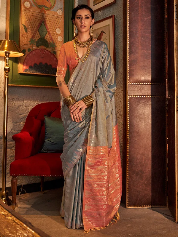 Women's Tussar Silk Peach Woven Design Designer Saree With Blouse Piece Floral Print Blouse Women's Tussar Silk Peach Woven Design Designer Saree With Blouse Piece Floral Print Blouse