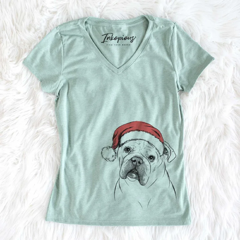 Santa Blossom the English Bulldog - Women's V-neck Shirt-- Zippered Front Buttoned Front Snap Front Santa Blossom the English Bulldog - Women's V-neck Shirt-- Zippered Front Buttoned Front Snap Front
