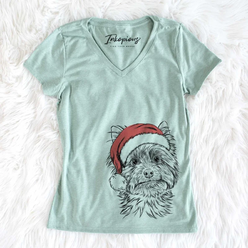 Santa Dakota the Yorkshire Terrier - Women's V-neck Shirt-- Houndstooth Herringbone Solid