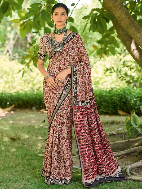 Women's Cotton Beige Printed Designer Saree With Blouse Piece Soft Pastel Blouse