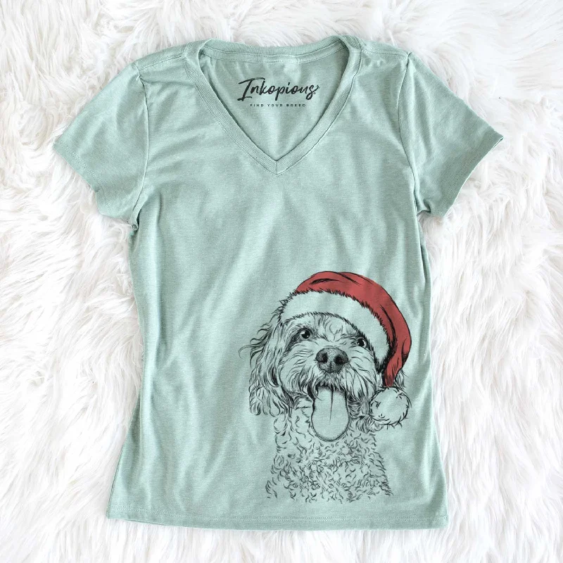 Santa Barney the Cavachon - Women's V-neck Shirt-- Mesh Canvas Denim