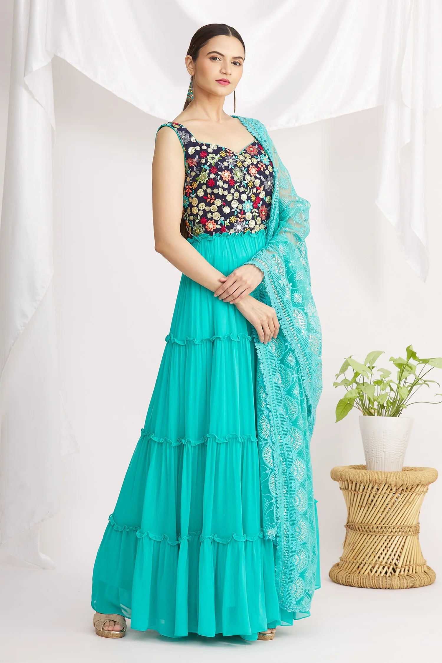 Blue Floral Blouse Anarkali Feminine Ruffle Blouse