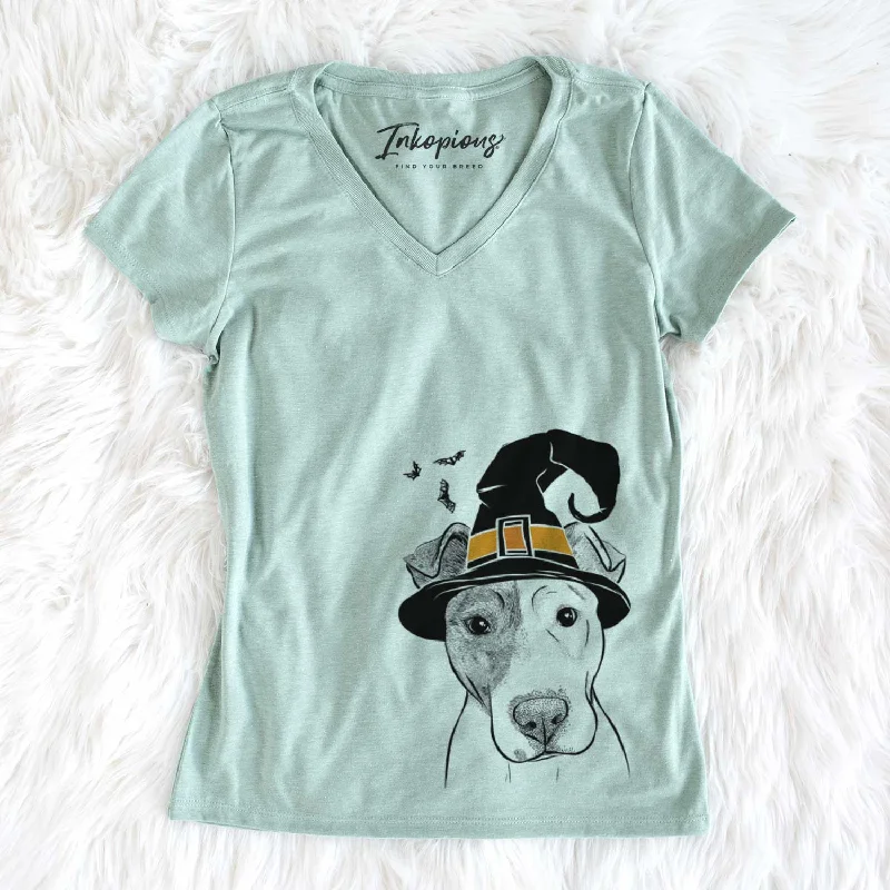 Witch Manchi the Pitbull Mix - Women's V-neck Shirt-- Embroidered Appliqued Beaded