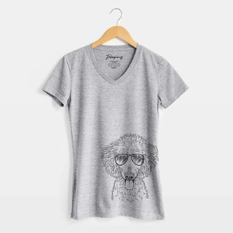 Aviator Henry the White Standard Poodle - Women's V-neck Shirt-- Fleece Nylon Spandex Aviator Henry the White Standard Poodle - Women's V-neck Shirt-- Fleece Nylon Spandex