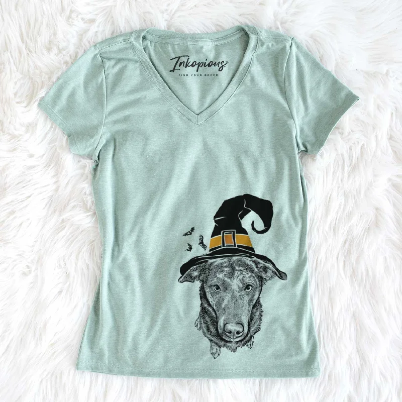 Witch Echo the Pitbull Beagle Mix - Women's V-neck Shirt-- Chenille Brocade Lace