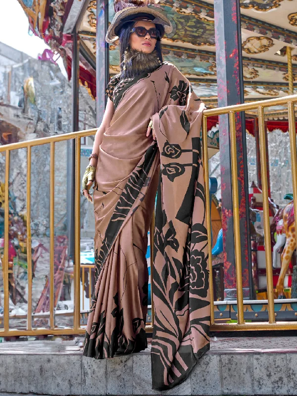 Women's Crepe Brown Printed Designer Saree With Blouse Piece Semi-Sheer Blouse