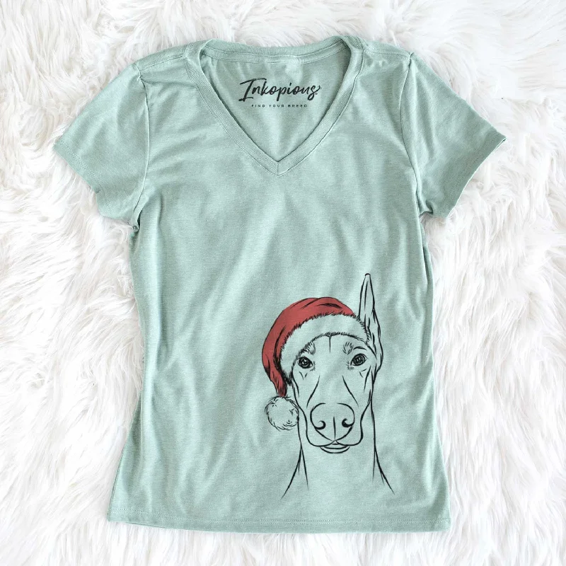 Santa Duke the Doberman Pinscher - Women's V-neck Shirt-- Zippered Buttoned Snapped