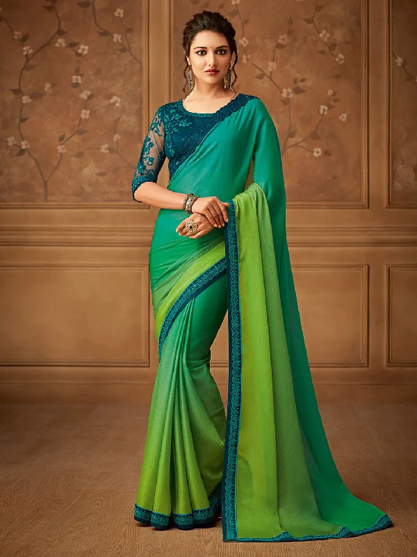 Women's Pure Chiffon Green Embellished Designer Saree With Blouse Piece Chic Ruffle Blouse Women's Pure Chiffon Green Embellished Designer Saree With Blouse Piece Chic Ruffle Blouse