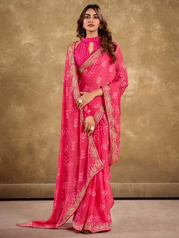 Women's Pure Chiffon Pink Embellished Designer Saree With Blouse Piece Semi-Sheer Blouse Women's Pure Chiffon Pink Embellished Designer Saree With Blouse Piece Semi-Sheer Blouse