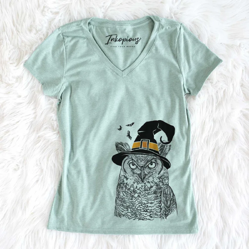 Witch Ozwald the Grey Horned Owl - Women's V-neck Shirt-- Mesh Blend Leather Blend Suede Blend Witch Ozwald the Grey Horned Owl - Women's V-neck Shirt-- Mesh Blend Leather Blend Suede Blend