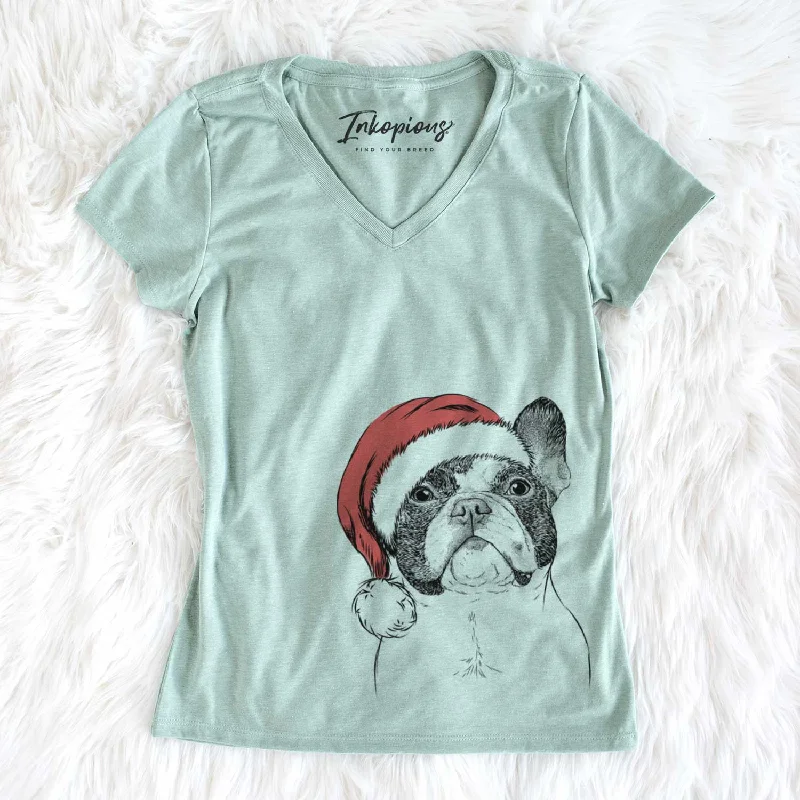 Santa Ella the French Bulldog - Women's V-neck Shirt-- Ribbed T-Shirt High Neck Heavyweight Santa Ella the French Bulldog - Women's V-neck Shirt-- Ribbed T-Shirt High Neck Heavyweight