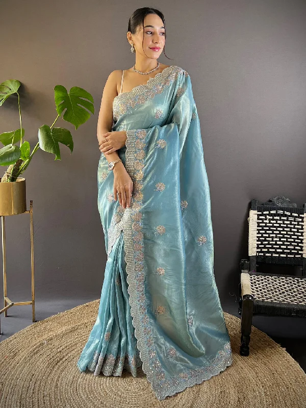 Women's Paper Silk Light Blue Embellished Designer Saree With Blouse Piece Silky Tunic Blouse Women's Paper Silk Light Blue Embellished Designer Saree With Blouse Piece Silky Tunic Blouse