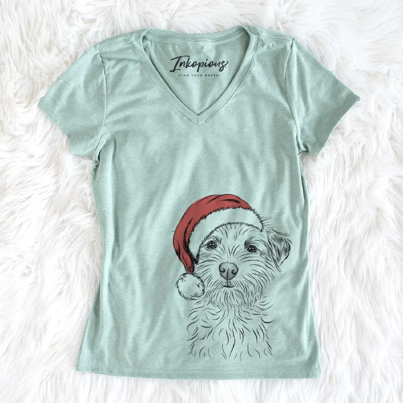 Santa Benjamin the Border Terrier - Women's V-neck Shirt-- Nylon Fabric Polyester Fabric Spandex Fabric Santa Benjamin the Border Terrier - Women's V-neck Shirt-- Nylon Fabric Polyester Fabric Spandex Fabric