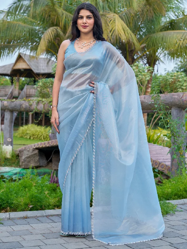 Women's Organza Blue Embellished Designer Saree With Blouse Piece Classic Minimalist Blouse Women's Organza Blue Embellished Designer Saree With Blouse Piece Classic Minimalist Blouse