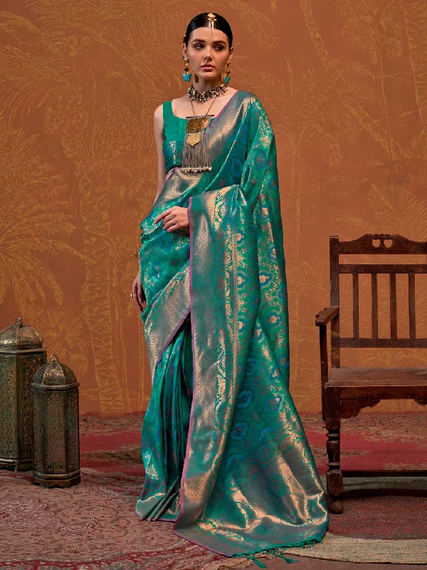Women's Silk Blend Teal green Woven Design Designer Saree With Blouse Piece Side Tie Blouse Women's Silk Blend Teal green Woven Design Designer Saree With Blouse Piece Side Tie Blouse
