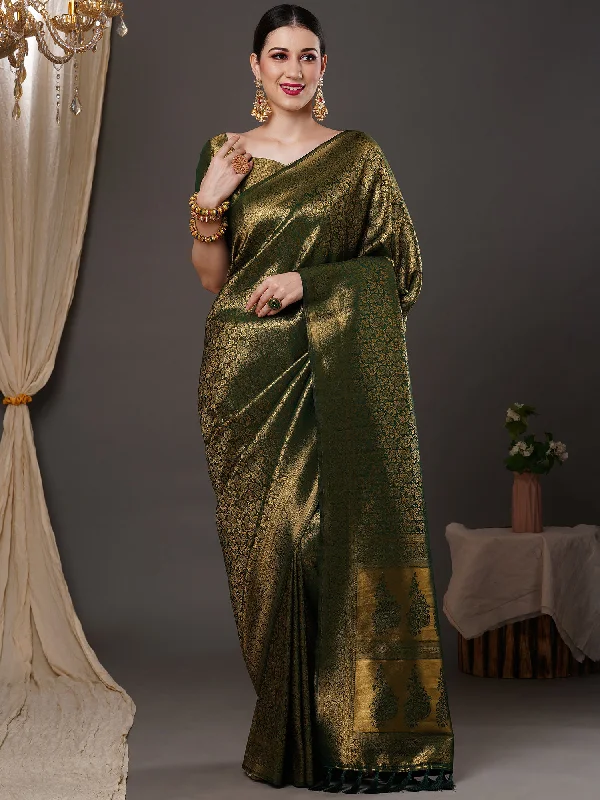Women's Silk Blend Green Woven Design Designer Saree With Blouse Piece Soft Knit Blouse