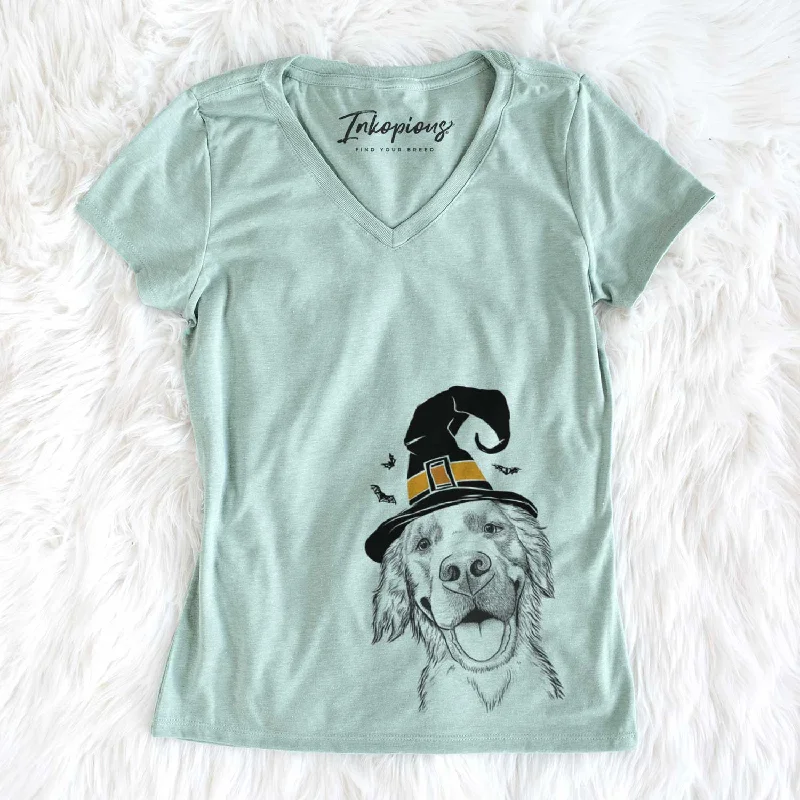 Witch Jordy the Golden Retriever - Women's V-neck Shirt-- Welt Pockets Slit Pockets Flap Pockets Witch Jordy the Golden Retriever - Women's V-neck Shirt-- Welt Pockets Slit Pockets Flap Pockets