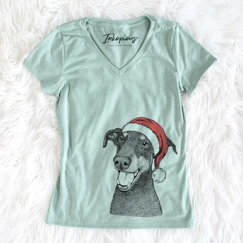 Santa Bunnie the Doberman Pinscher - Women's V-neck Shirt-- Rayon Velvet Corduroy