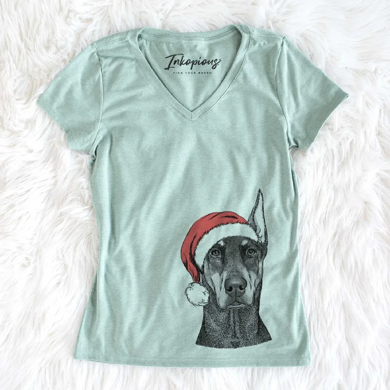 Santa Drake the Doberman Pinscher - Women's V-neck Shirt-- Rayon Velvet Corduroy