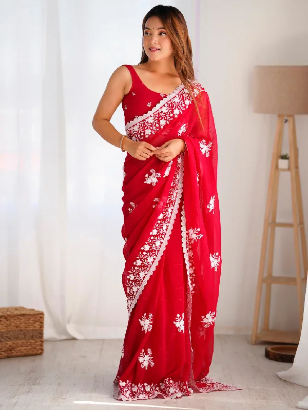 Women's Georgette Red Embellished Designer Saree With Blouse Piece Floral Chiffon Blouse Women's Georgette Red Embellished Designer Saree With Blouse Piece Floral Chiffon Blouse