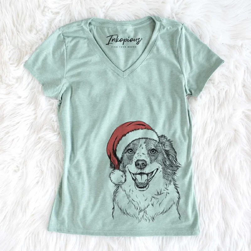 Santa Belle the Australian Shepherd Mix - Women's V-neck Shirt-- Ribbed Striped Patterned Santa Belle the Australian Shepherd Mix - Women's V-neck Shirt-- Ribbed Striped Patterned