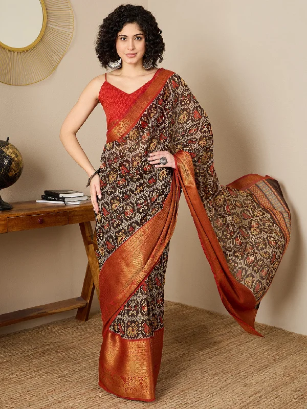 Women's Cotton Blend Red Printed Ready to Wear With Blouse Piece Satin Drape Blouse