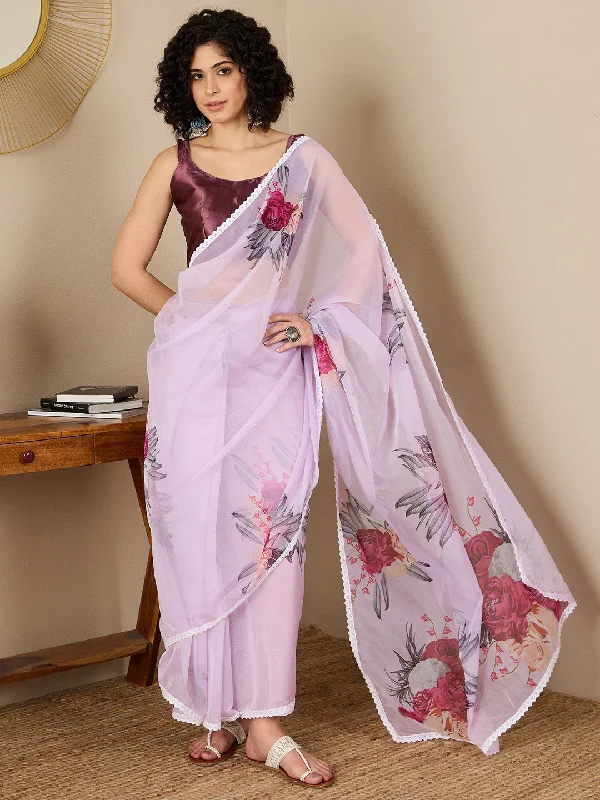 Women's Organza Magenta Digital Print Ready to Wear With Blouse Piece Sheer Sleeve Blouse Women's Organza Magenta Digital Print Ready to Wear With Blouse Piece Sheer Sleeve Blouse