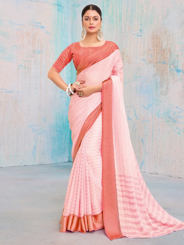 Women's Pure Chiffon Rose Gold Printed Designer Saree With Blouse Piece Ruffled Neck Blouse Women's Pure Chiffon Rose Gold Printed Designer Saree With Blouse Piece Ruffled Neck Blouse
