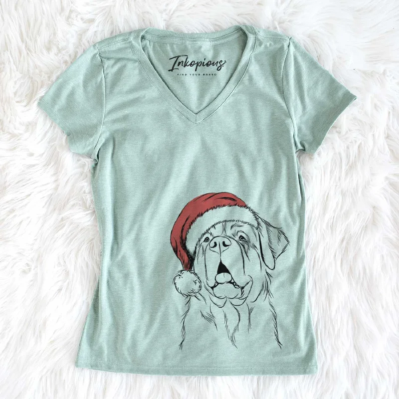 Santa Atlas the Saint Bernard - Women's V-neck Shirt-- Striped Floral Plaid