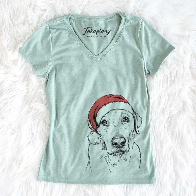 Santa Duke the Yellow Lab - Women's V-neck Shirt-- Hooded Caped Shawl Collar