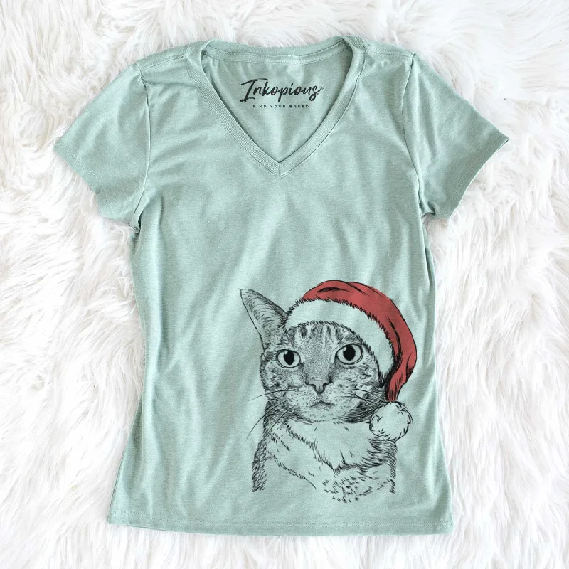 Santa Eleanor the Domestic Shorthair Cat - Women's V-neck Shirt-- Collared T-Shirt Boat Neck A-Line Santa Eleanor the Domestic Shorthair Cat - Women's V-neck Shirt-- Collared T-Shirt Boat Neck A-Line
