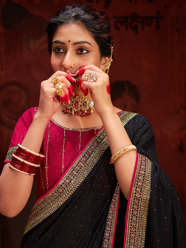 Women's Vichitra Silk Black Embellished Designer Saree With Blouse Piece Mandarin Collar Blouse Women's Vichitra Silk Black Embellished Designer Saree With Blouse Piece Mandarin Collar Blouse