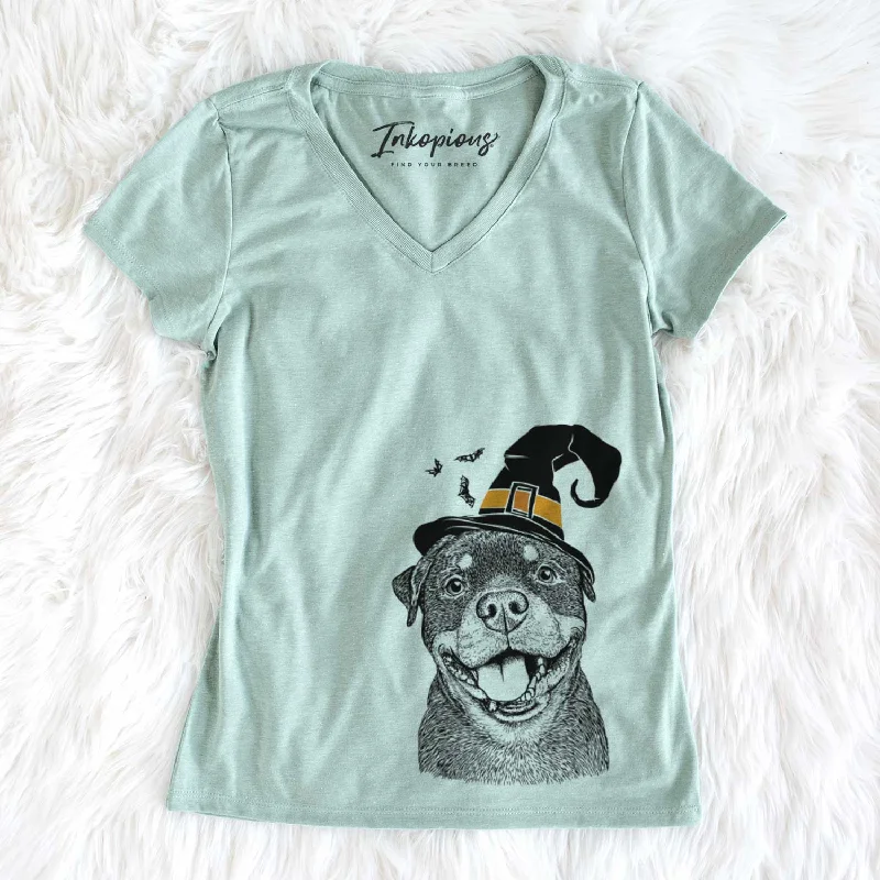 Witch Talos the Rottweiler - Women's V-neck Shirt-- Denim Fabric Leather Fabric Suede Fabric Witch Talos the Rottweiler - Women's V-neck Shirt-- Denim Fabric Leather Fabric Suede Fabric