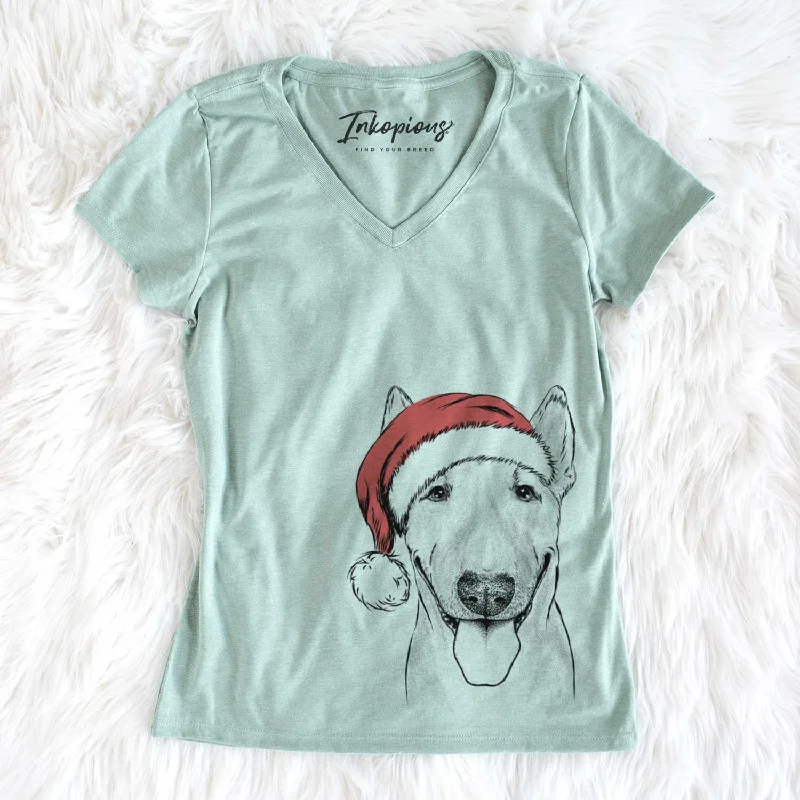 Santa Chloe the Bull Terrier - Women's V-neck Shirt-- Spandex Blend Rayon Blend Denim Blend Santa Chloe the Bull Terrier - Women's V-neck Shirt-- Spandex Blend Rayon Blend Denim Blend
