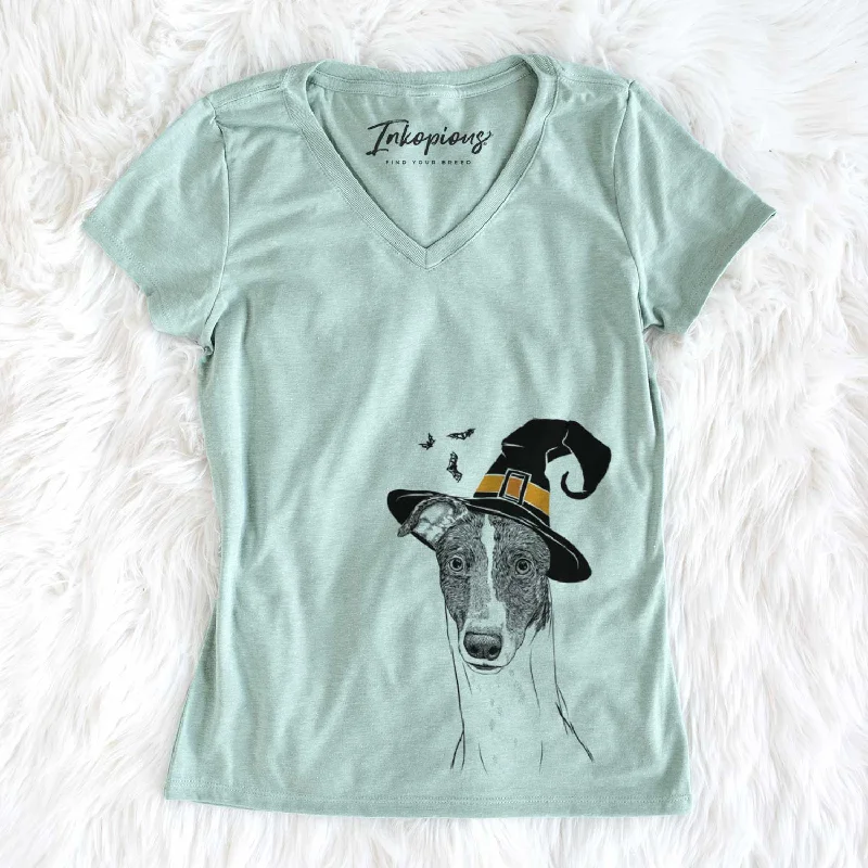 Witch Vyncent the Greyhound - Women's V-neck Shirt-- Iron Safe Non-Iron Wrinkle Free