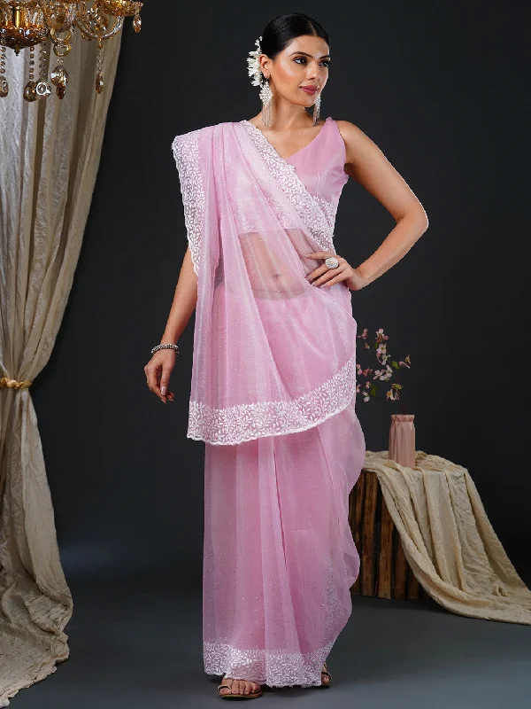 Women's Organza Pink Embroidered Designer Saree With Blouse Piece Delicate Bow Blouse Women's Organza Pink Embroidered Designer Saree With Blouse Piece Delicate Bow Blouse