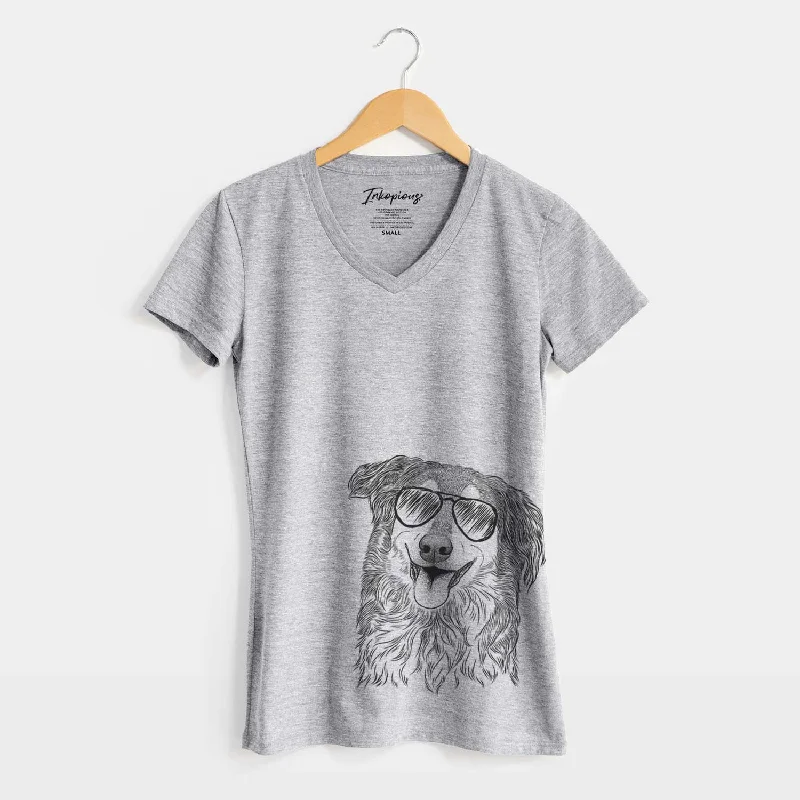 Aviator Maddie the English Shepherd - Women's V-neck Shirt-- Hooded Caped Shawl Collar Aviator Maddie the English Shepherd - Women's V-neck Shirt-- Hooded Caped Shawl Collar