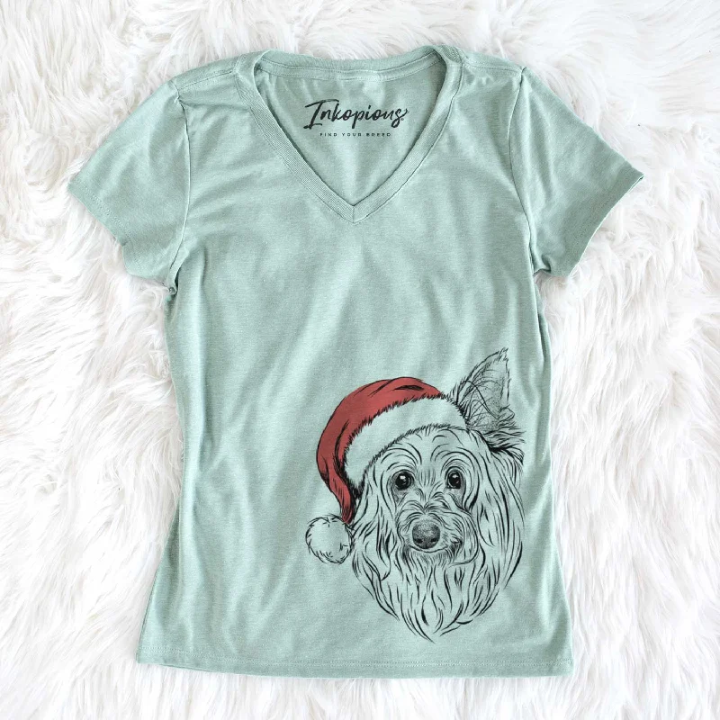 Santa Daisy May the Silky Terrier - Women's V-neck Shirt-- Print Jacquard Patchwork